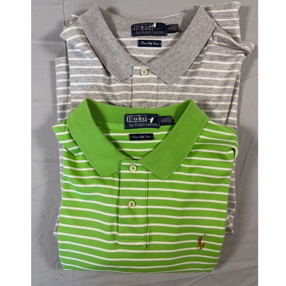 Polo Ralph Lauren Pima Soft Touch Striped Polo Shirts Mens XL Green Grey